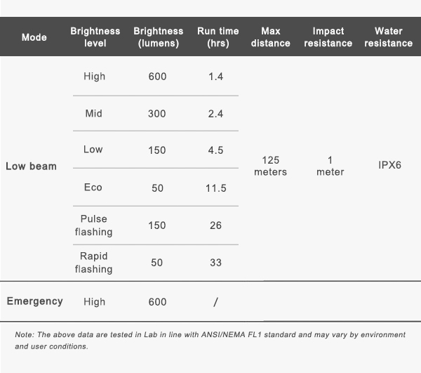 RAVEMEN CR600 bike light specifications